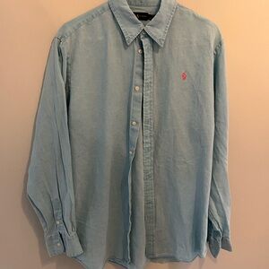 Ralph Lauren Pale Blue Long-Sleeve Button-Down Shirt with Pink Polo Logo